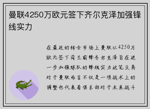 曼联4250万欧元签下齐尔克泽加强锋线实力