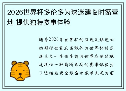 2026世界杯多伦多为球迷建临时露营地 提供独特赛事体验